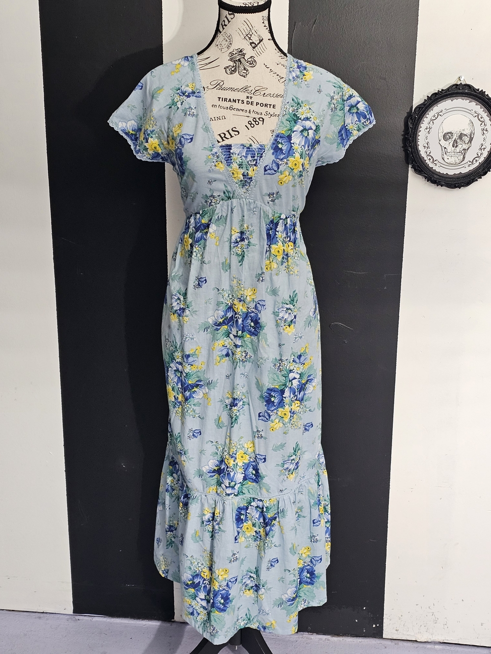 April Cornell Light Blue Floral Maxi Dress with Blue and Yellow Blooms